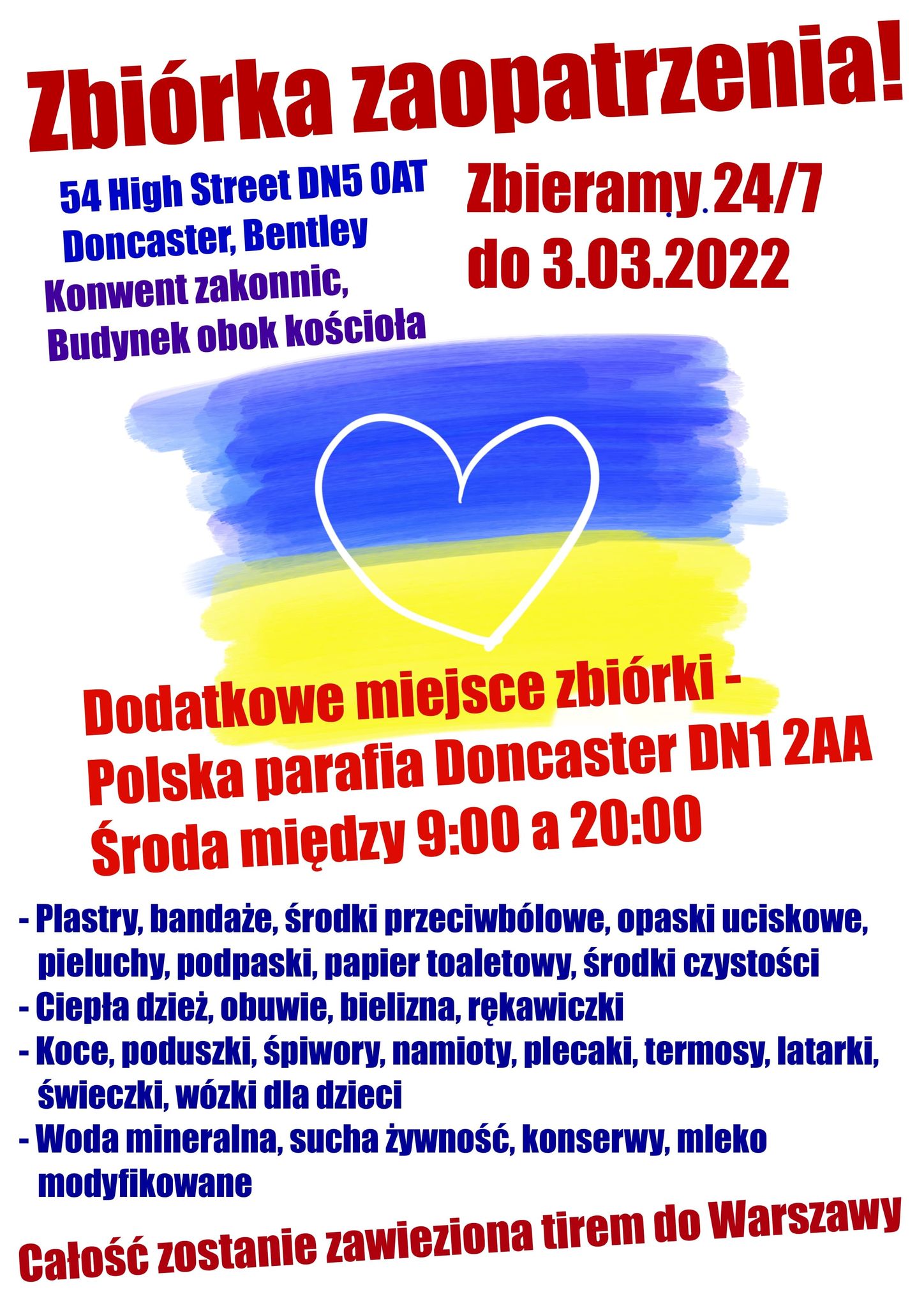 Polska społecznośc w Doncaster zbiera dary dla Ukrainy