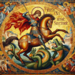 Stary obraz na którym Święty Jerzy, patron Anglii, walczy ze smokiem.